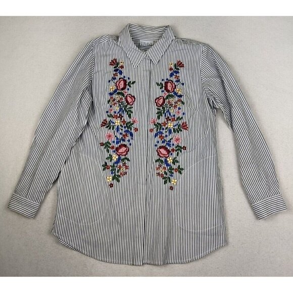 JOAN RIVERS - WOMEN'S GRAY & WHITE STRIPED FLORAL EMBROIDERED BUTTON-UP TOP - XS - Picture 1 of 9